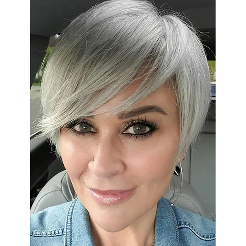 8" Grey Straight With Bangs Wigs Monofilament
