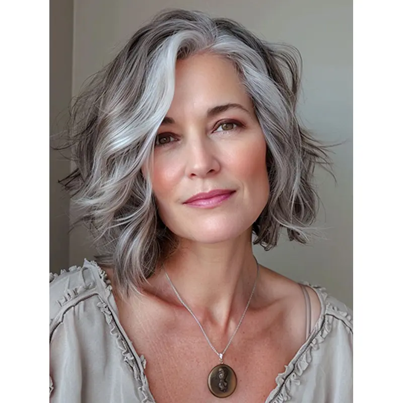 8" Short Grey Layered Front Lace Wig