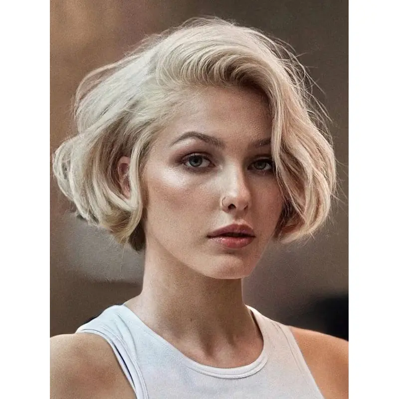 Synthetic Lace Front Wigs Bobs Platinum Blonde 8" Short Wavy Wigs