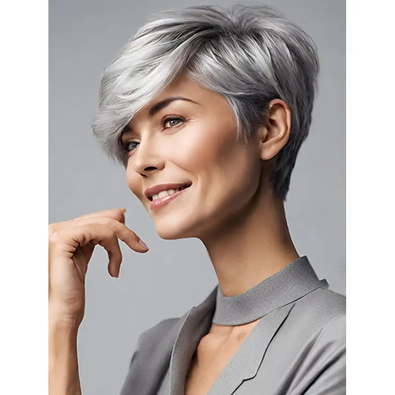 6" Grey Straight Boycuts Monofilament Wigs For Women