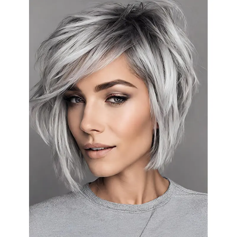 Bobs 8" Straight Short Grey Human Hair Wigs Sale