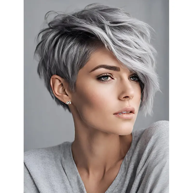 Bobs 8" Wavy Short Grey Sleek Human Hair Wigs