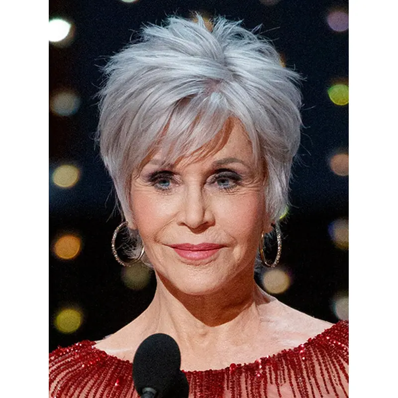 Grey 8" Straight Boycuts Short Jane Fonda Wigs