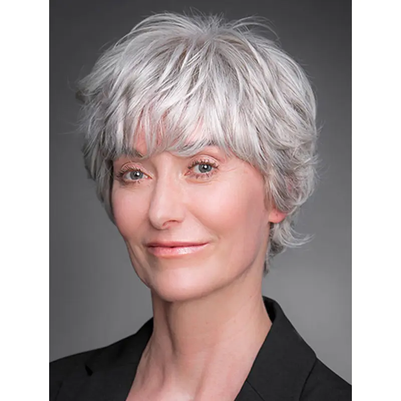 Short 8" 100% Hand-tied Grey Remy Human Hair Layered Wigs For Elderly Lady