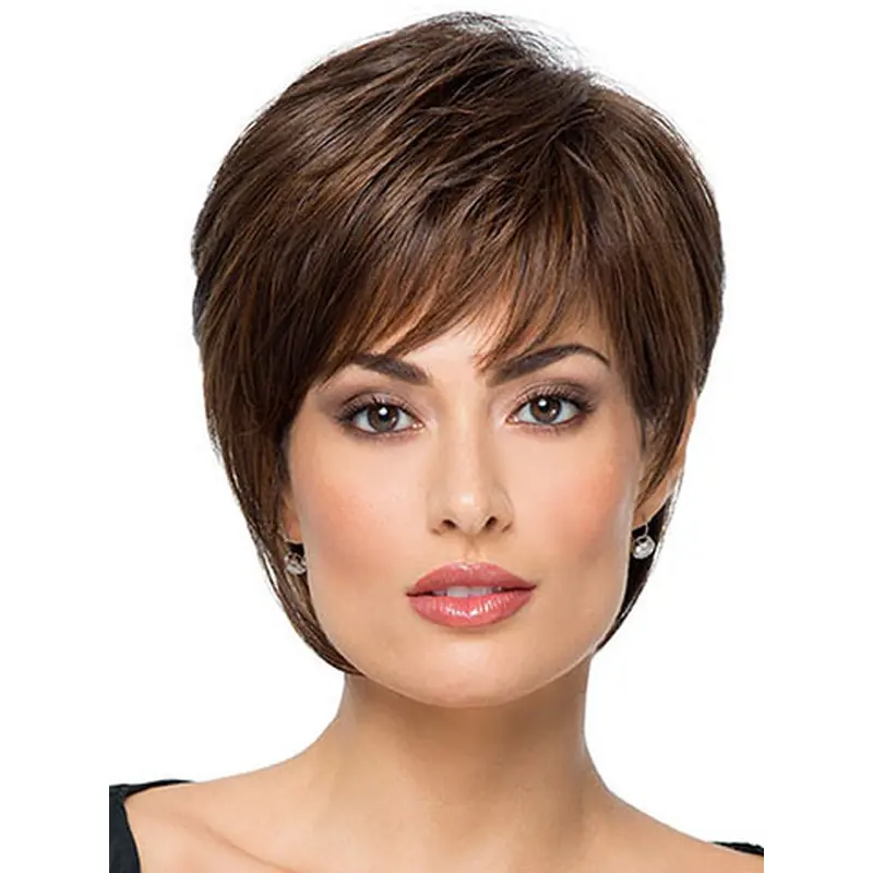 8" Straight Brown With Bangs Short Wigs