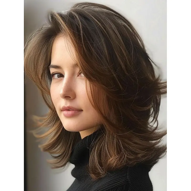 Medium Length Brown Wig Wavy 12" Layered Monofilament Wigs