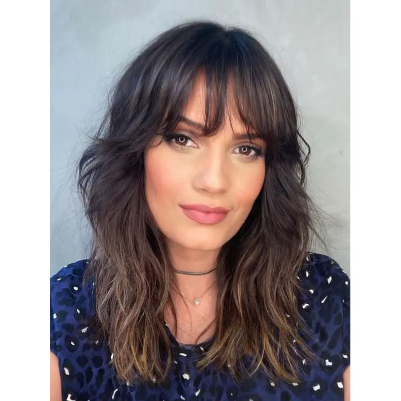 Medium Length Monofilament Wigs Wavy 14" With Bangs Wigs