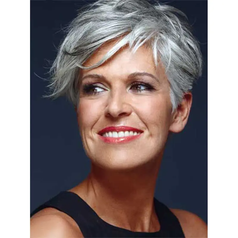 Short Remy Human Hair Capless Straight Grey Wigs 8 Inch