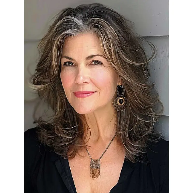 Grey Wigs Medium Size For Women Wavy 14" Shoulder Length Layered Wigs