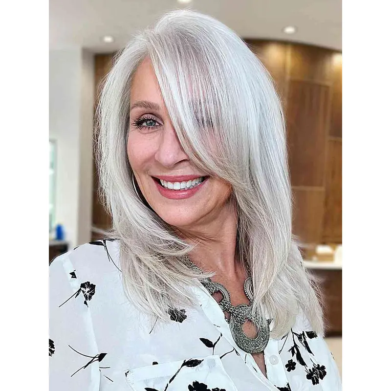 Medium Length Grey Wigs Straight 14" Shoulder Length With Bangs Wigs