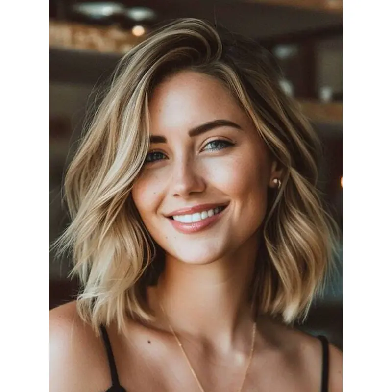 Blonde Wavy Wig Medium 12" Layered Remy Human Hair Monofilament Shoulder Length Wigs