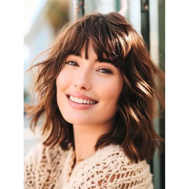 Medium Wigs With Bangs 12" Wavy Brown Synthetic Lace Front Wigs