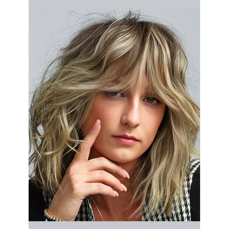 Blonde Medium Wigs Wavy 12" With Bangs Monofilament Wigs