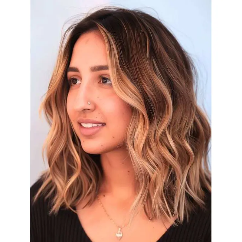 Medium Length Wigs Human Hair Without Bangs Monofilament 14" Ombre/2 Tone Wavy Wigs