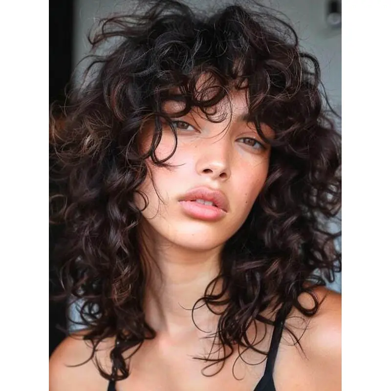 Medium Wigs With Bangs 14" Curly Brown Synthetic Monofilament Wigs