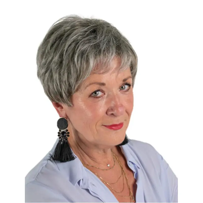 Short 8" Monofilament Grey Synthetic Layered Discount Wigs For Elderly Lady