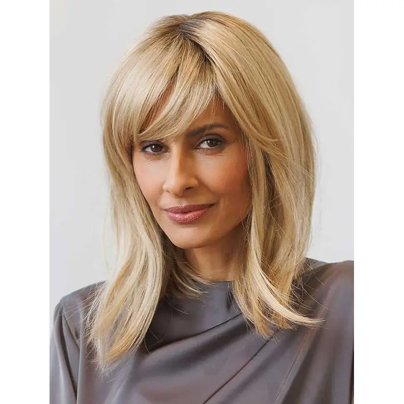 Blonde Straight Perfect Layered Synthetic Monofilament Women Wig Medium