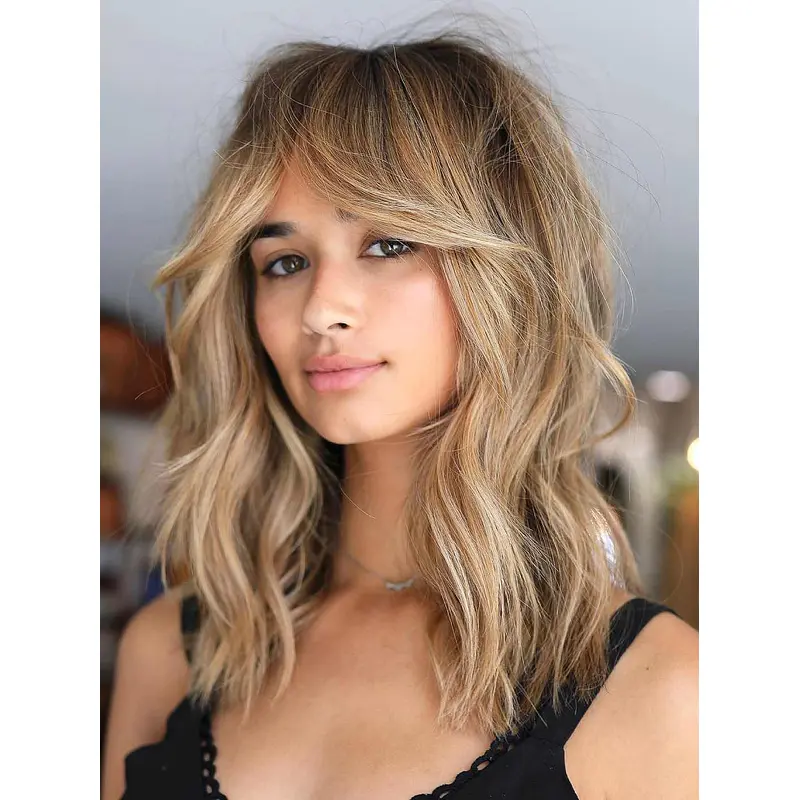 Blonde Medium Length Wigs Wavy 14" With Bangs Monofilament Wigs