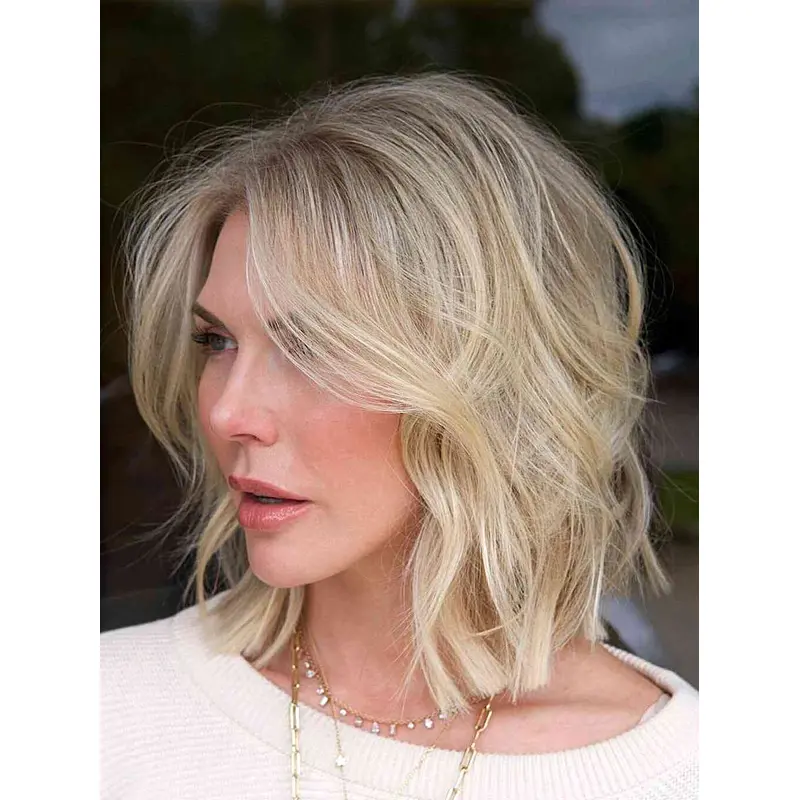 Blonde Wavy Wig Medium 12" Bobs Remy Human Hair Monofilament Shoulder Length Wigs