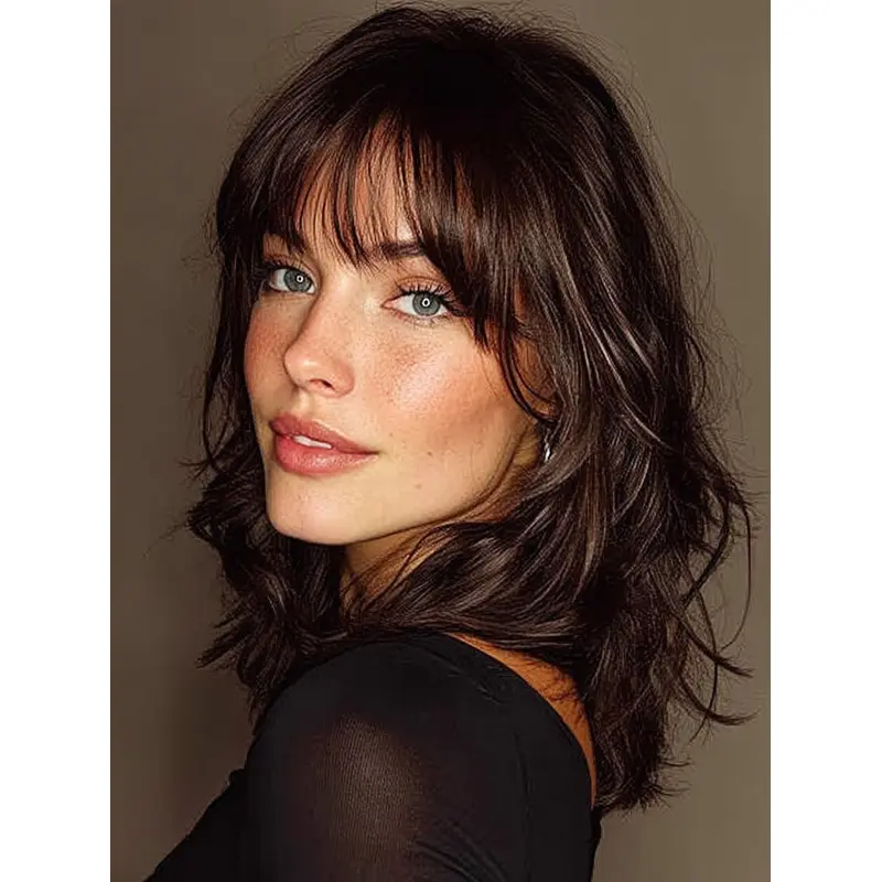 Medium Length Human Hair Lace Front Wigs Wavy With Bangs 14" Brown Wigs