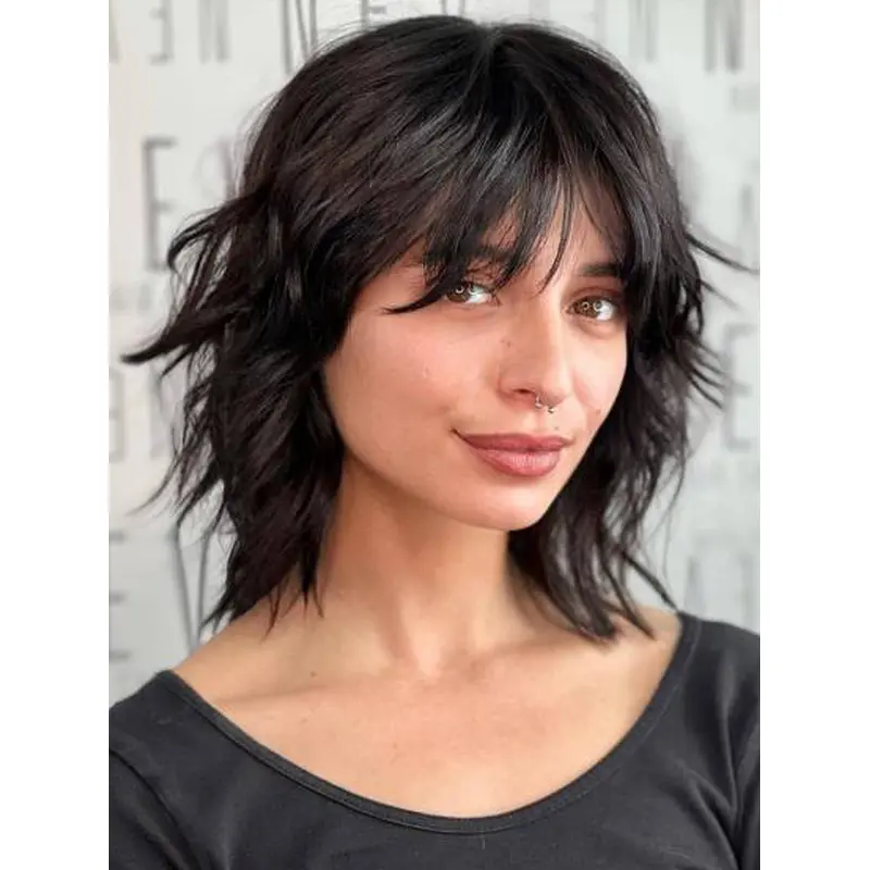 Medium Wigs With Bangs 12" Straight Black Remy Human Hair Lace Front Wigs