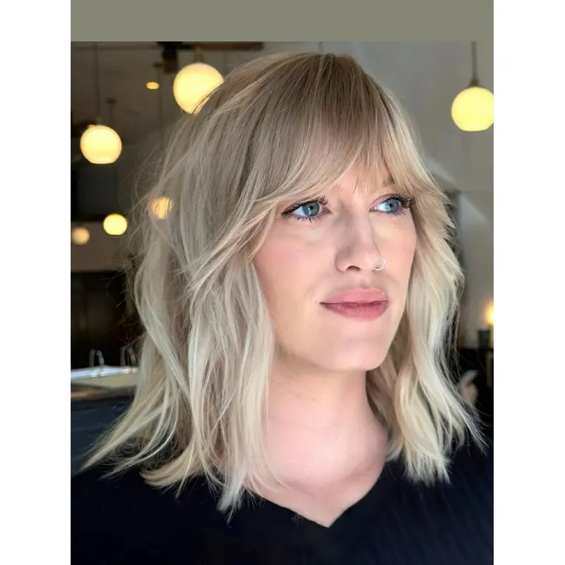 Medium Wigs With Bangs 14" Straight Platinum Blonde Remy Human Hair Monofilament Wigs