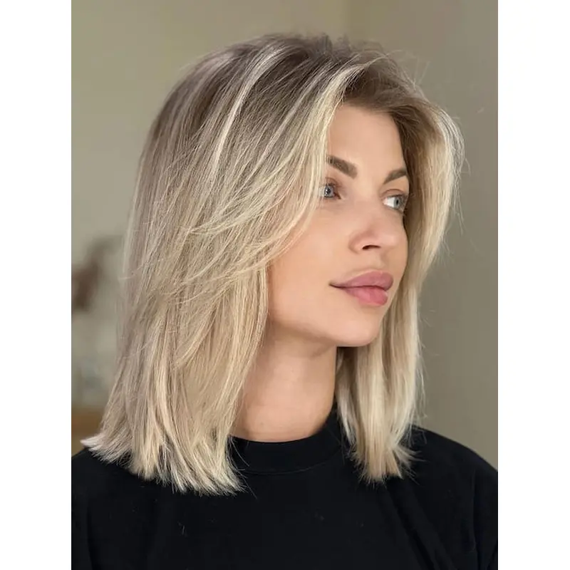 Medium Blonde Bob Wig 12" Straight Monofilament Remy Human Hair Wigs