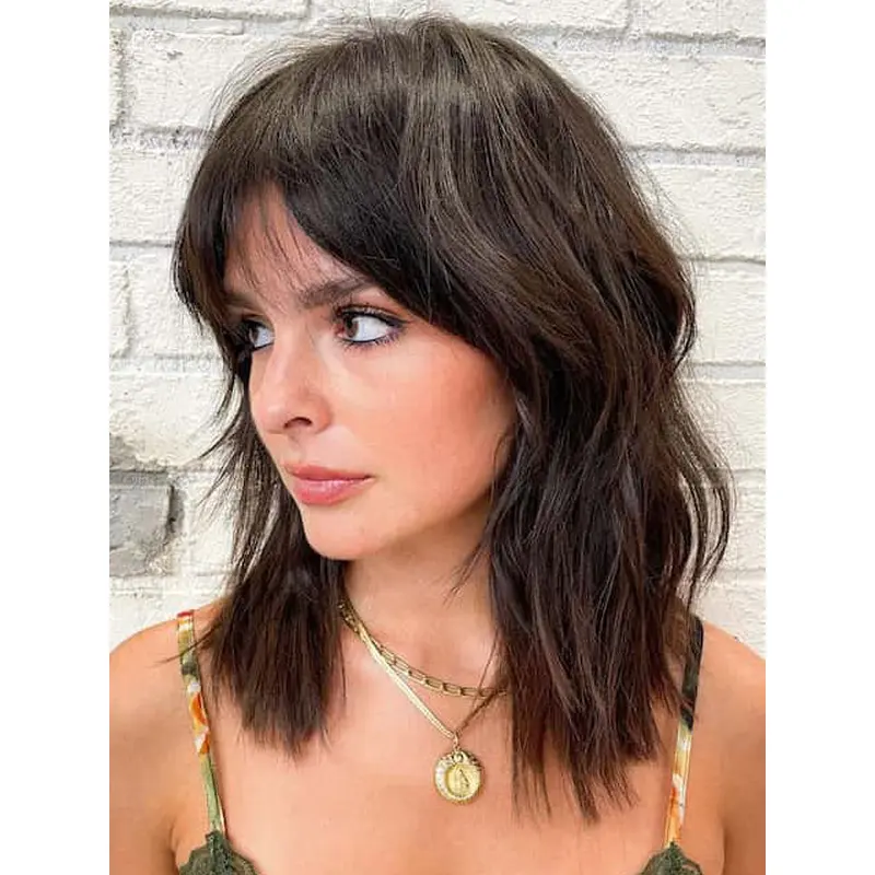 Wig Medium Brown Bob 14" Wavy Monofilament Synthetic Wigs