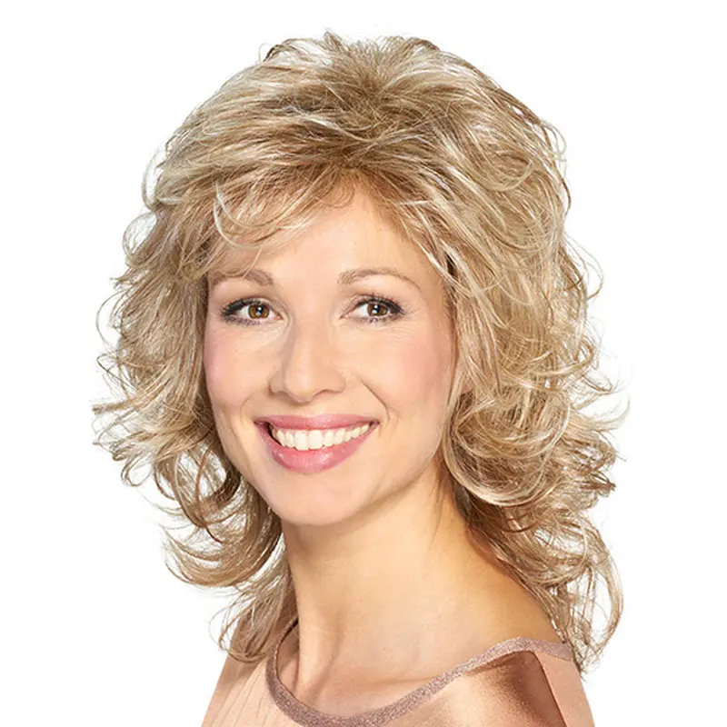 Shoulder Length Capless Platinum Blonde Curly 14" Synthetic Medium Length Wigs