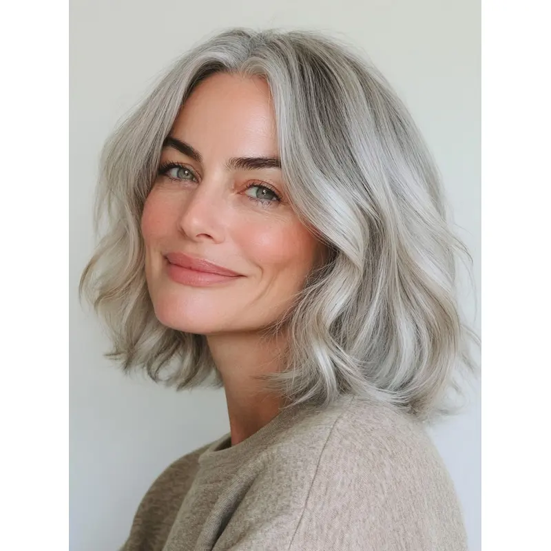 Medium Length Silver Wigs Wavy 12" Chin Length Bobs Wigs
