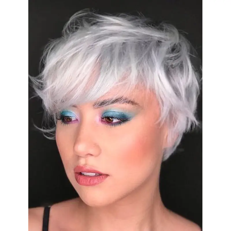 Wavy 6" With Bangs Grey Real Hair Monofilament Wigs