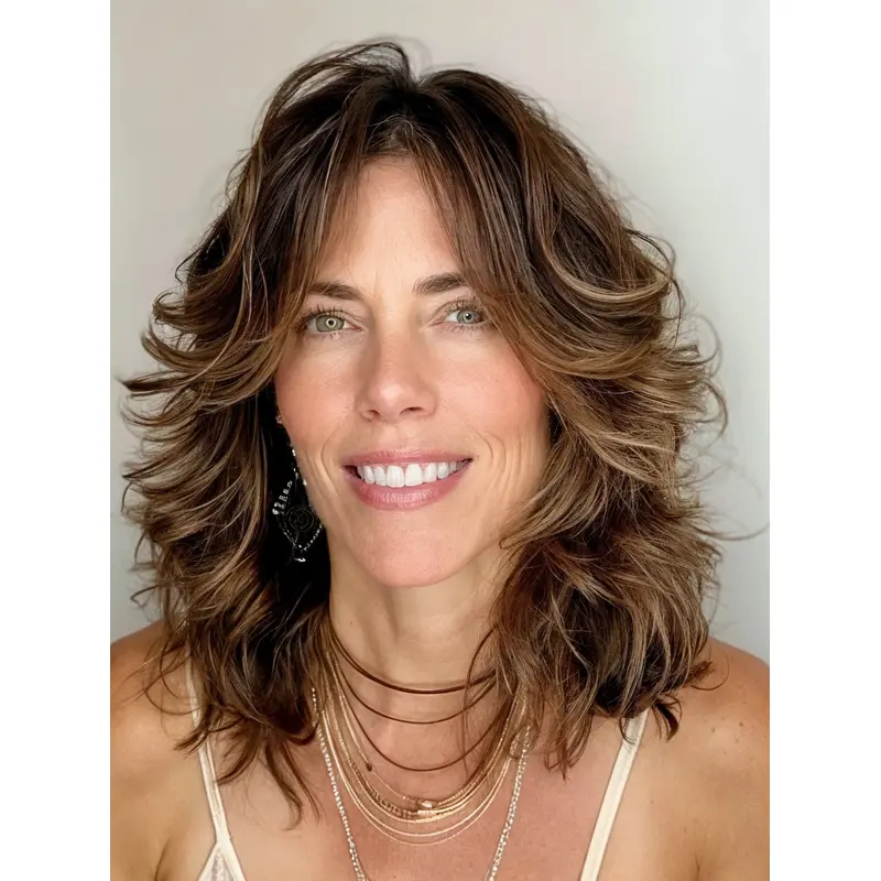 Wig Medium Brown Remy Human Hair Wavy Without Bangs 14" Shoulder Length Wigs