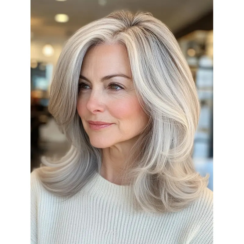 Medium Length Gray Wigs Wavy 14" Shoulder Length Layered Wigs