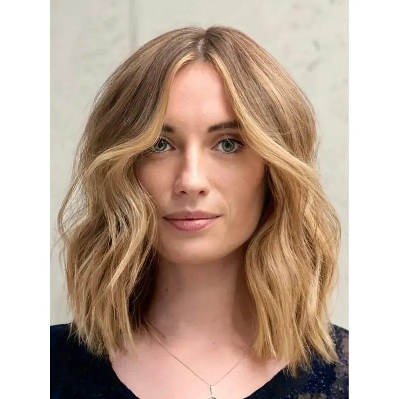 Wavy Blonde Wig Medium Length Lace Front Without Bangs 12" Synthetic Wigs