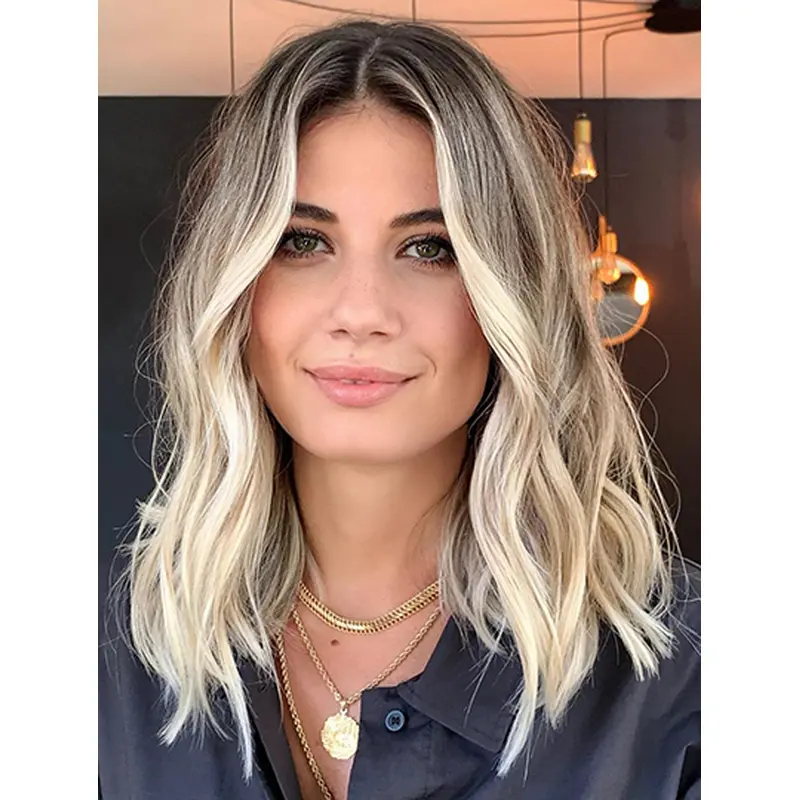 Without Bangs Blonde Shoulder Length Lace Front Real Human Hair Wigs