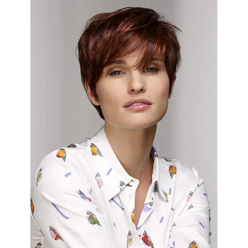 8" Short Straight 100% Hand-tied Auburn With Bangs Synthetic Wigs Sale
