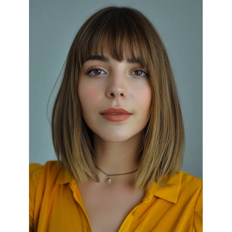 Medium Lace Front Wigs Brown Straight With Bangs Wigs