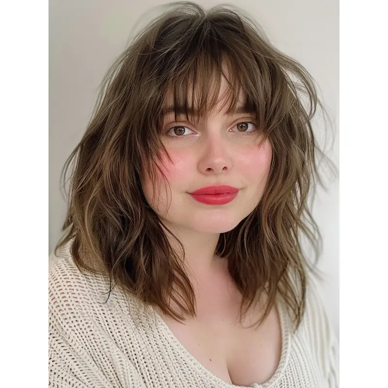 Medium Length Lace Front Wigs Wavy With Bangs Wigs