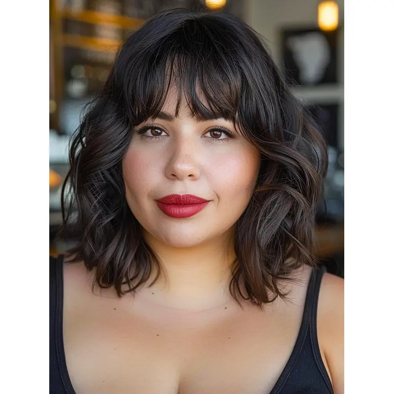 Mid Length Lace Front Wigs 12" Wavy With Bangs Wigs
