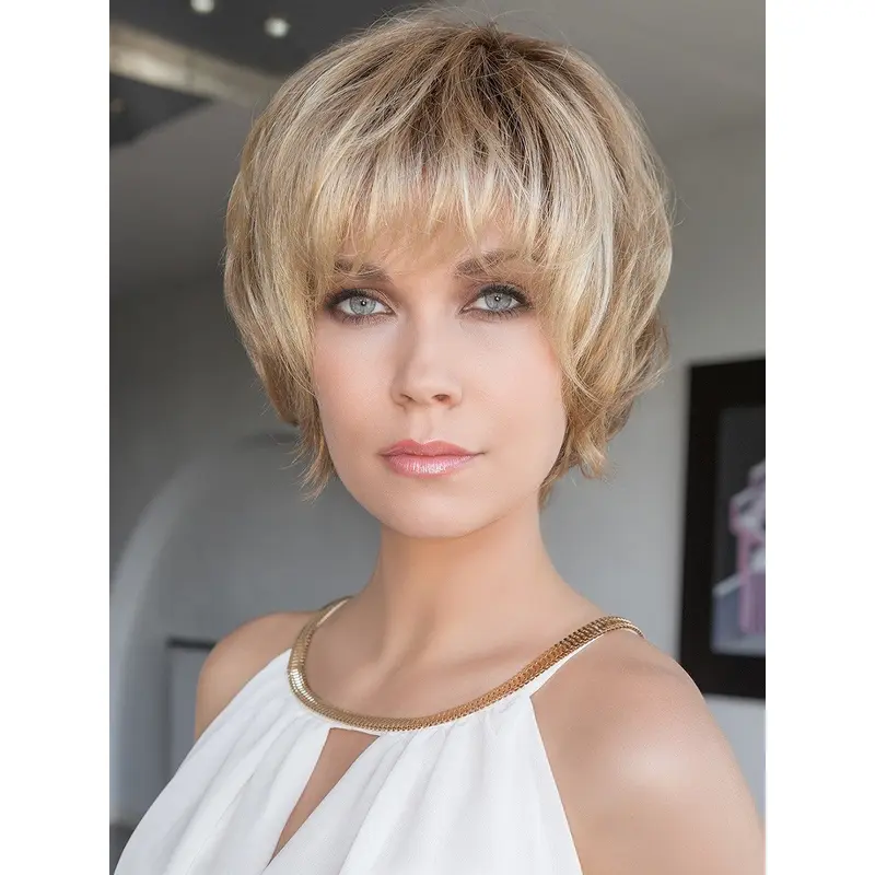 8" Short Wavy Brown Sleek Synthetic Lace Wigs
