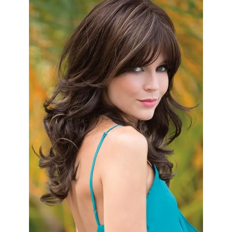 Brown 18" Capless Wavy Synthetic Wigs With Bangs