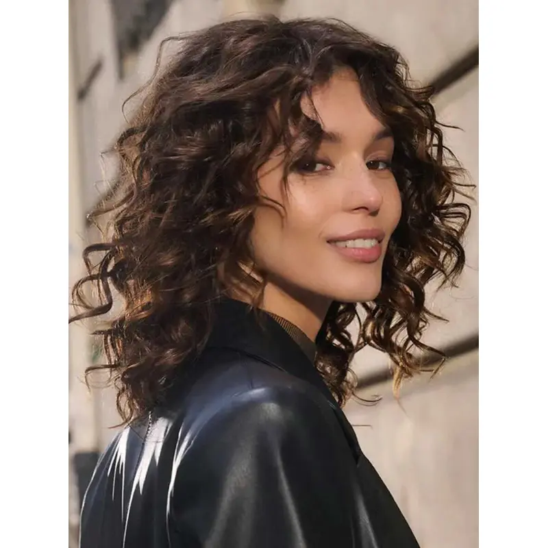 Wig Medium Brown Remy Human Hair Curly Bobs 14" Shoulder Length Wigs