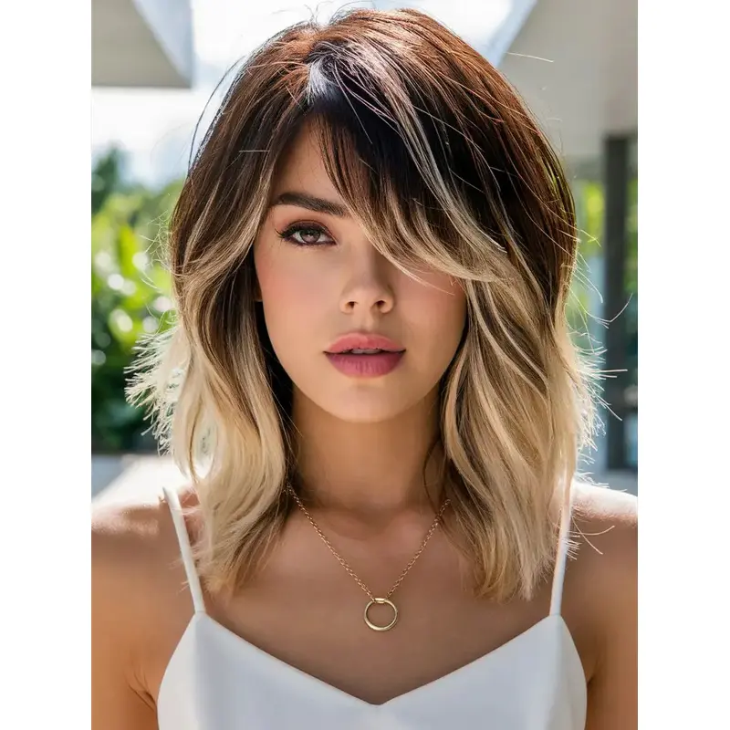 Medium Length Lace Front Wigs 12" Wavy With Bangs Wigs