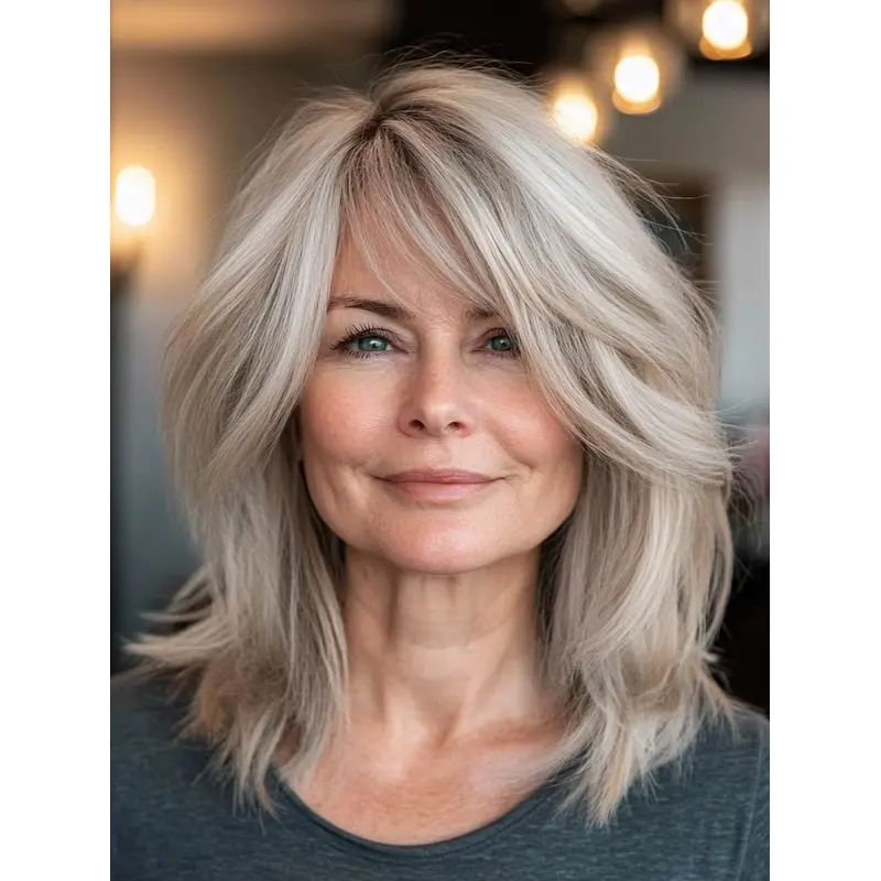 Straight Medium Hair With Bangs Platinum Blonde Shoulder Length Lace Front 14" Wigs