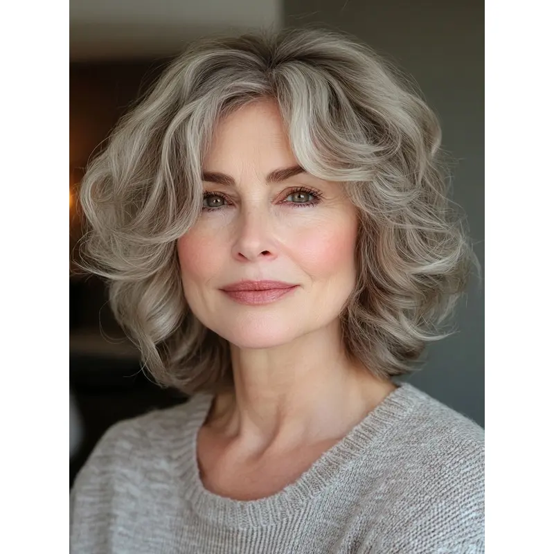 Mid Bob Wig Grey Shoulder Length Monofilament Wavy 12" Remy Human Hair Wigs