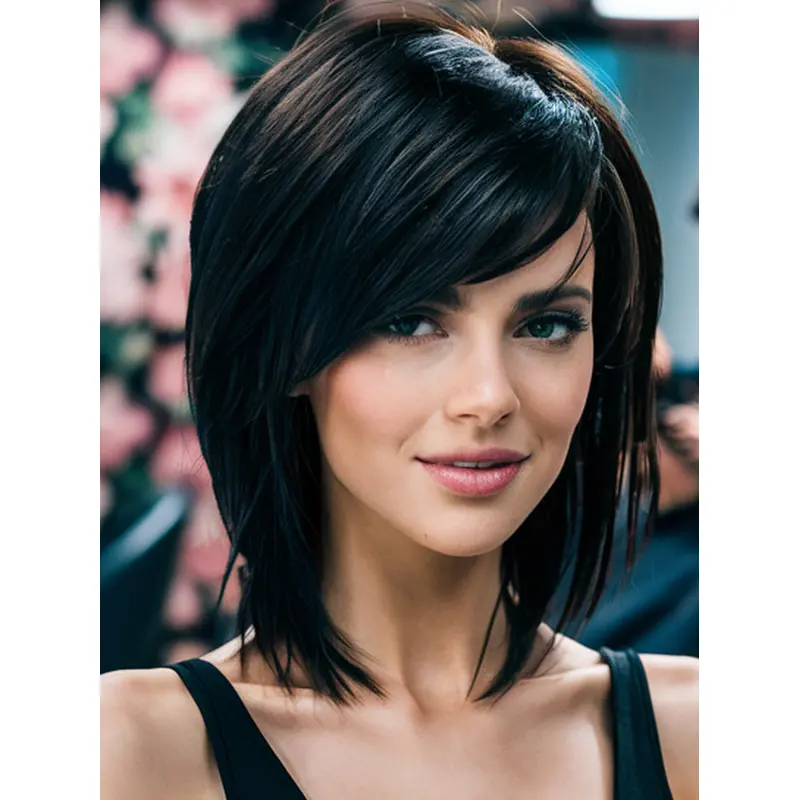 Medium Length Lace Front Wigs 12" Straight With Bangs Wigs