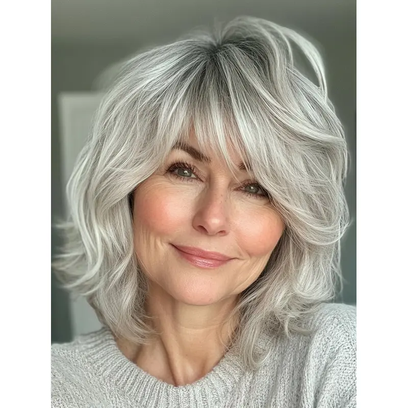 Medium Length Lace Front Wigs Wavy With Bangs Grey Synthetic 12" Wigs