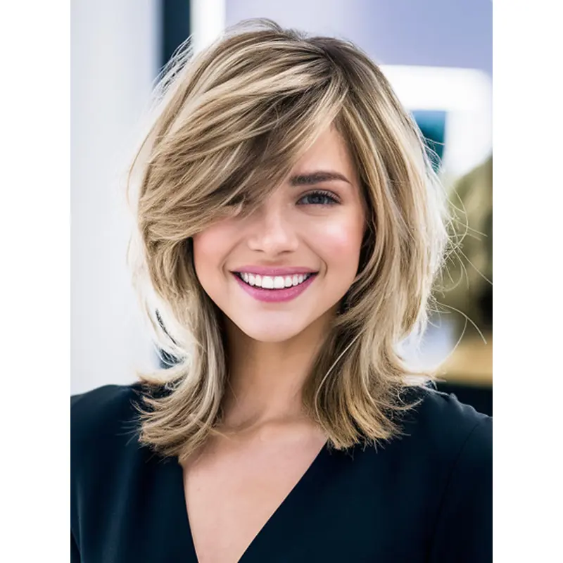 Real Hair Wigs Medium Blonde Shoulder Length 12" With Bangs Wigs