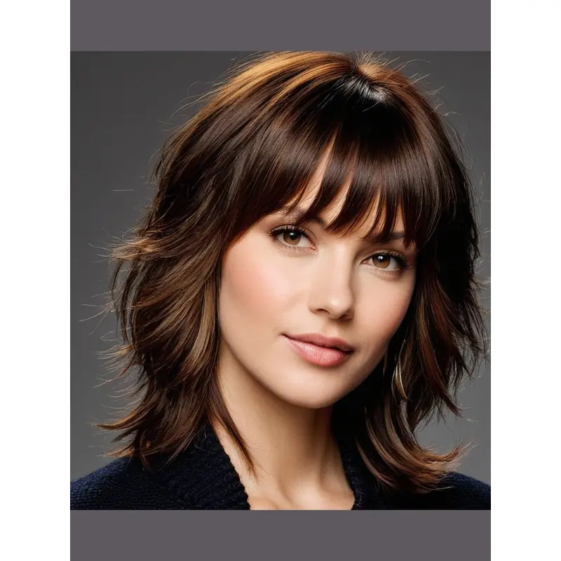 Medium Brown Wig With Bangs Straight Synthetic Lace Front 14" Shoulder Length Wigs