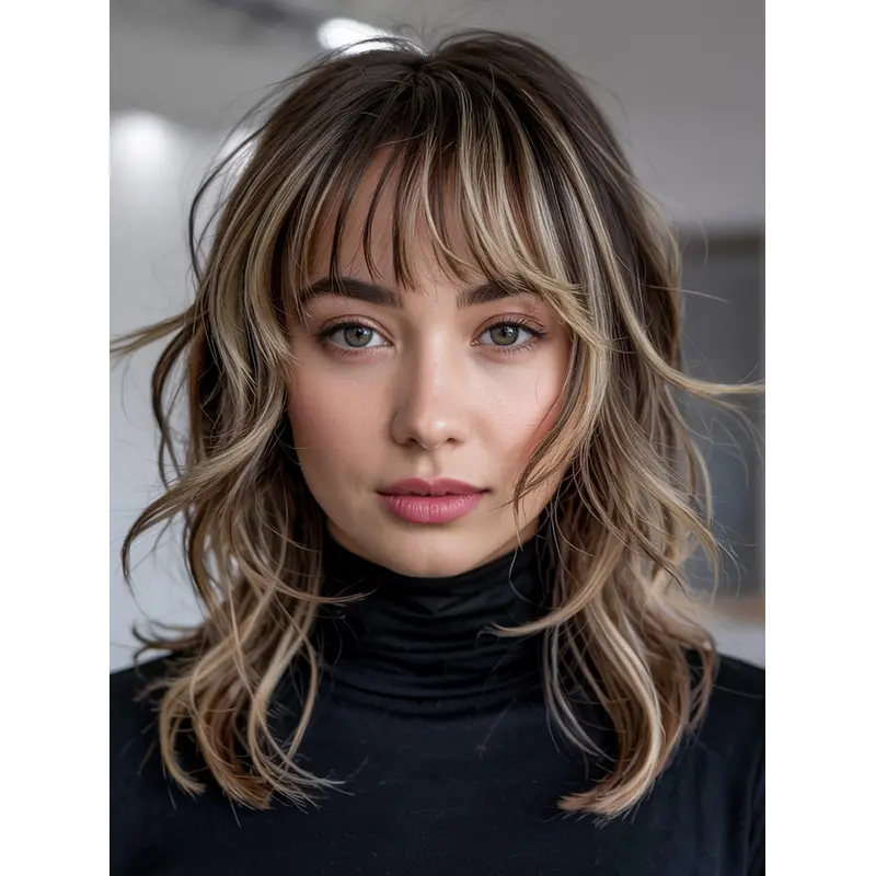 Medium Length Lace Front Wigs 14" Wavy With Bangs Wigs